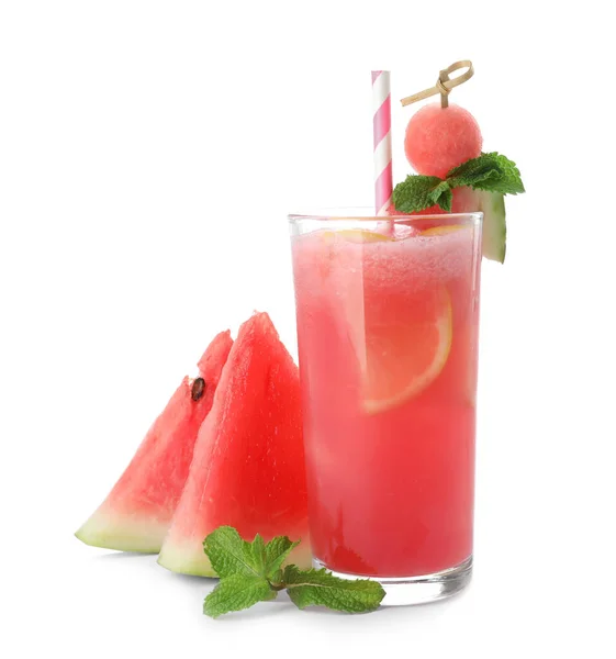 Läckra Färska Vattenmelon Dryck Med Färska Frukter Vit Bakgrund — Stockfoto