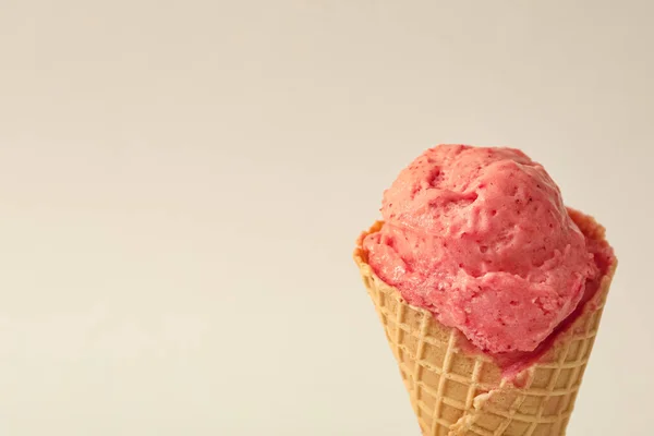 Delicious Pink Ice Cream Waffle Cone White Background Closeup Space — Stock Photo, Image