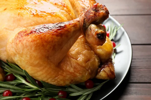 Delicious Cooked Turkey Served Rosemary Cranberries Wooden Table Closeup Thanksgiving — Stock Photo, Image