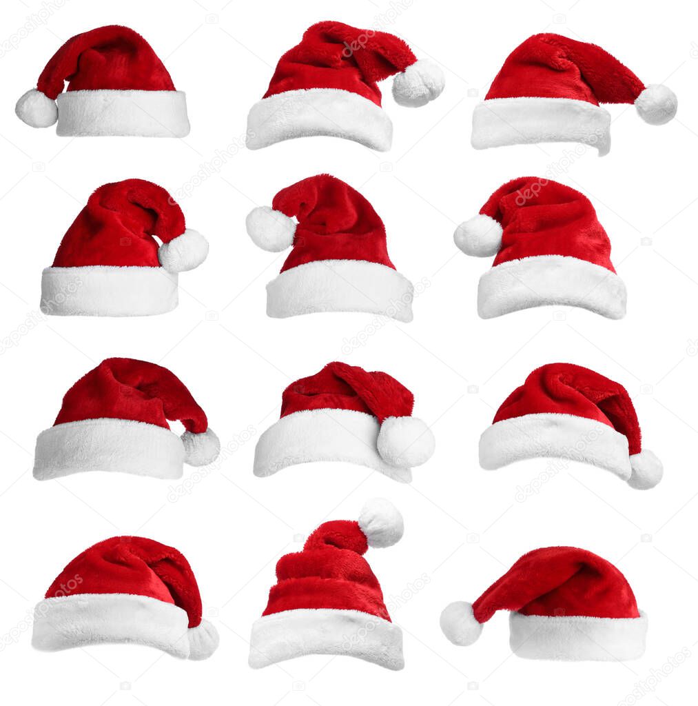 Set of red Santa hats on white background