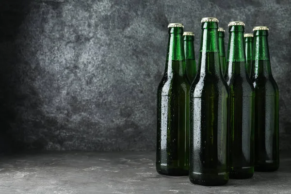 Bottles Beer Grey Table Space Text — Stock Photo, Image