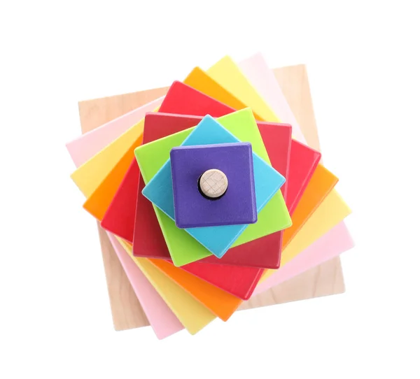 Colorful Wooden Pyramid Isolated White Top View Child Toy — Stock Photo, Image