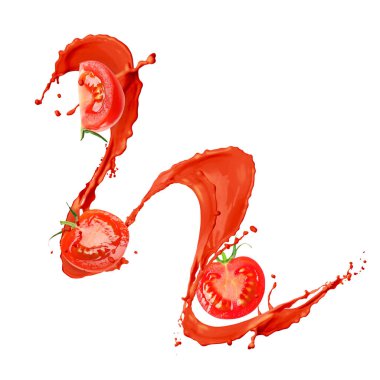 Taze domatesler, beyaz arka planda meyve suyu sıçrıyor.