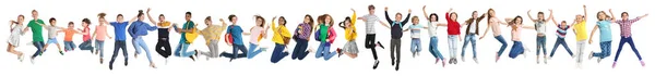 Collage Mit Fotos Springender Kinder Auf Weißem Hintergrund Bannerdesign — Stockfoto