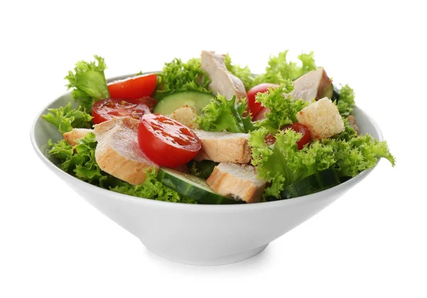 Délicieuse Salade Poulet Légumes Dans Bol Isolé Sur Blanc — Photo
