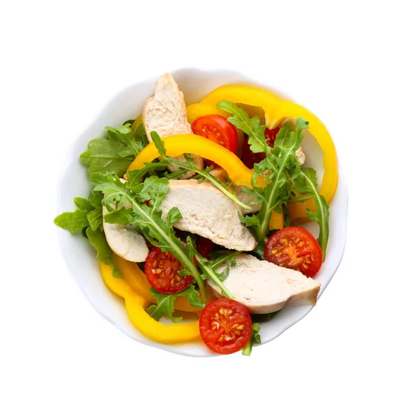 Delicious Salad Chicken Vegetables Bowl Isolated White Top View — Stock Photo, Image