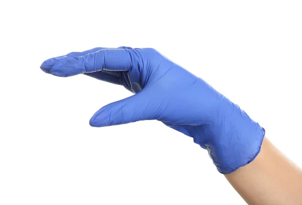 Mujer Con Guantes Látex Azul Sosteniendo Algo Sobre Fondo Blanco — Foto de Stock