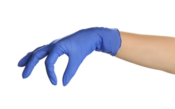 Frau Blauen Latex Handschuhen Hält Etwas Auf Weißem Hintergrund Nahaufnahme — Stockfoto