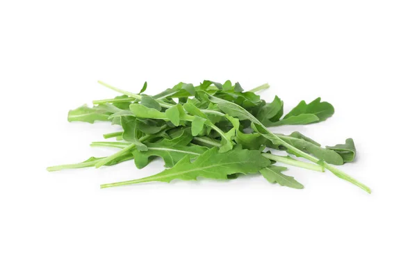 Oogsten Van Verse Arugula Bladeren Geïsoleerd Wit — Stockfoto