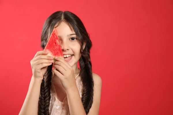Cute Little Girl Watermelon Red Background Space Text — Stock Photo, Image