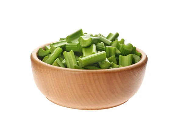 Bowl Van Gehakte Verse Groene Selderij Geïsoleerd Wit — Stockfoto