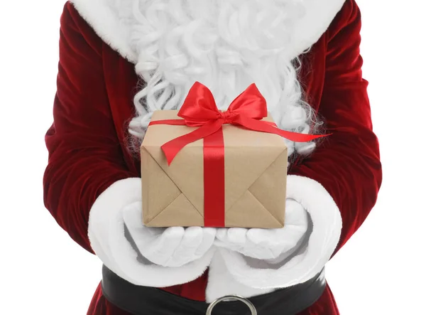 Papai Noel Segurando Presente Natal Fundo Branco Close — Fotografia de Stock