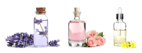 Set Verschiedener Ätherischer Öle Zur Aromatherapie Auf Weißem Hintergrund Bannerdesign — Stockfoto