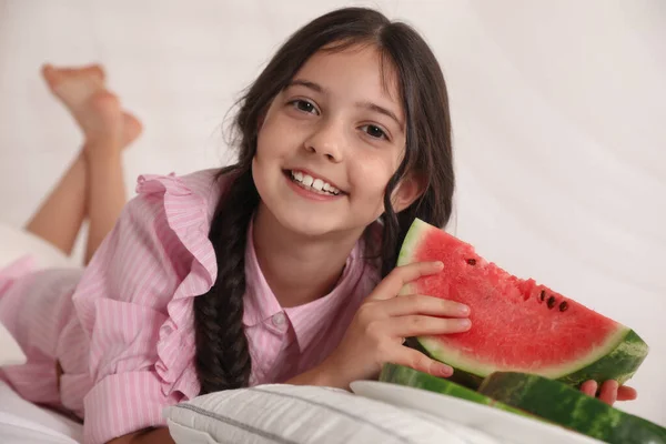 Cute Little Girl Watermelon Bed Home — Stock Photo, Image