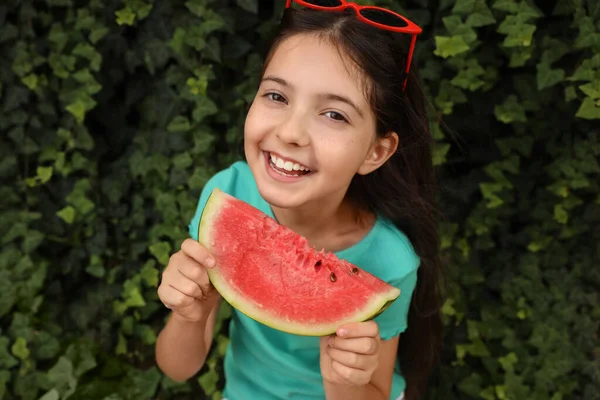 Cute Little Girl Watermelon Outdoors Sunny Day — Stock Photo, Image