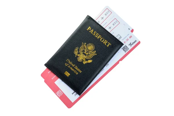Paspoort Tickets Geïsoleerd Wit Bovenaanzicht Reisbureauconcept — Stockfoto