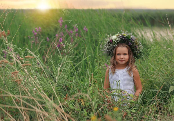 可愛いです女の子はフィールドで美しい花で作られた花輪を着て — ストック写真