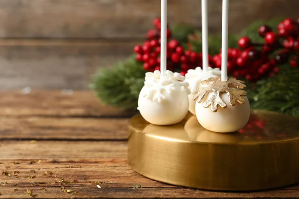 Delicious Christmas Ball Cake Pops Wooden Table Space Text — Stock Photo, Image
