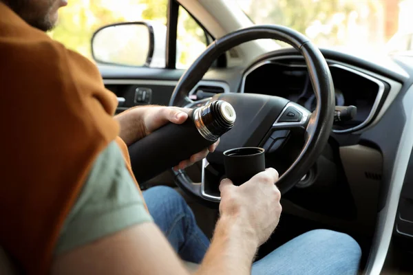 Man Thermos Driver Seat Car Closeup — Stock Photo, Image