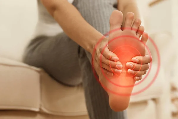 Young Woman Suffering Foot Pain Indoors Closeup — Stock Photo, Image