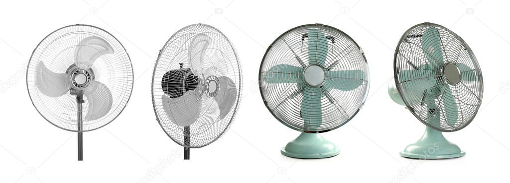 Two fans on white background, collage with views from different sides. Banner design