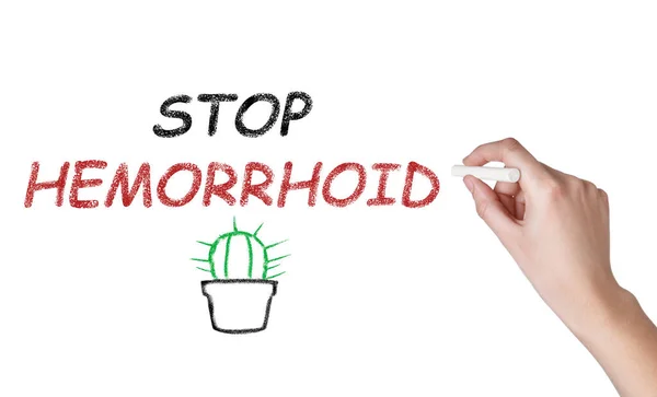 Mujer Escribiendo Frase Stop Hemorrhoid Sobre Fondo Blanco Primer Plano — Foto de Stock