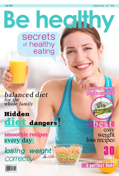 Healthy Magazine Cover Design Young Slim Woman Having Healthy Breakfast — Stock Photo, Image