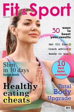 Sport dergisi kapak tasarımını sığdır. Kadın spor salonunda yoga yapıyor.