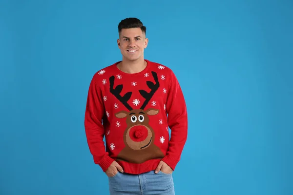 Handsome Man Christmas Sweater Blue Background — Stock Photo, Image