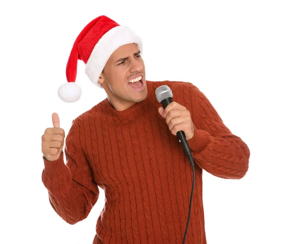 Uomo Emotivo Cappello Babbo Natale Che Canta Con Microfono Sfondo — Foto Stock