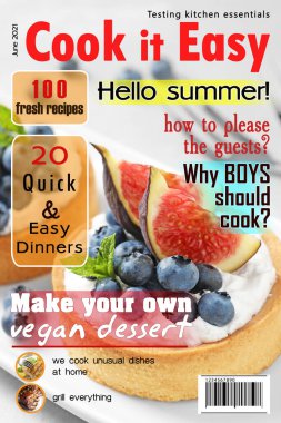 Cook It Easy dergisi kapak tasarımı. Masada yaban mersinli tart ve incir