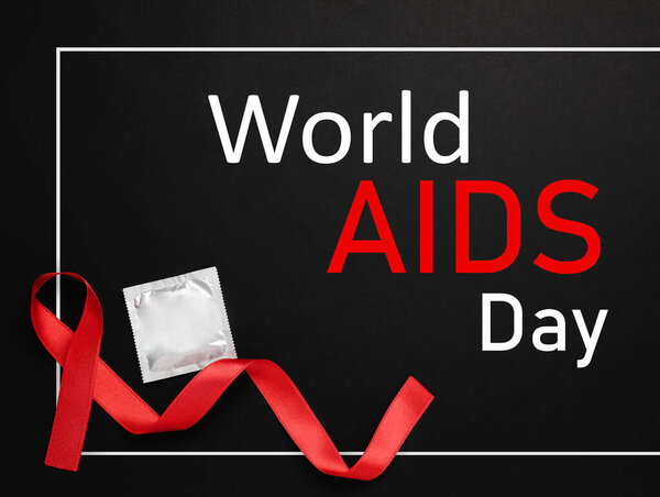 World AIDS Day poster. Frame with red awareness ribbon. condom and text on black background