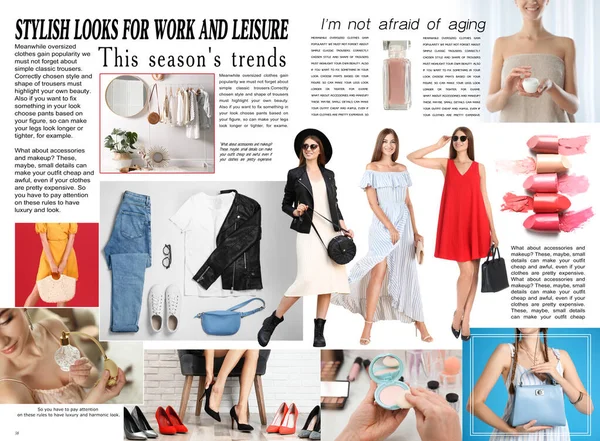 Fashion Magazine Pagina Verspreid Ontwerp Artikelen Verschillende Afbeeldingen — Stockfoto