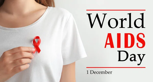 Cartaz Dia Mundial Sida Mulher Com Fita Consciência Vermelha Texto — Fotografia de Stock