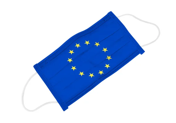 Медицинская Защитная Маска Флагом Европейского Союза Белом Фоне Вид Сверху — стоковое фото