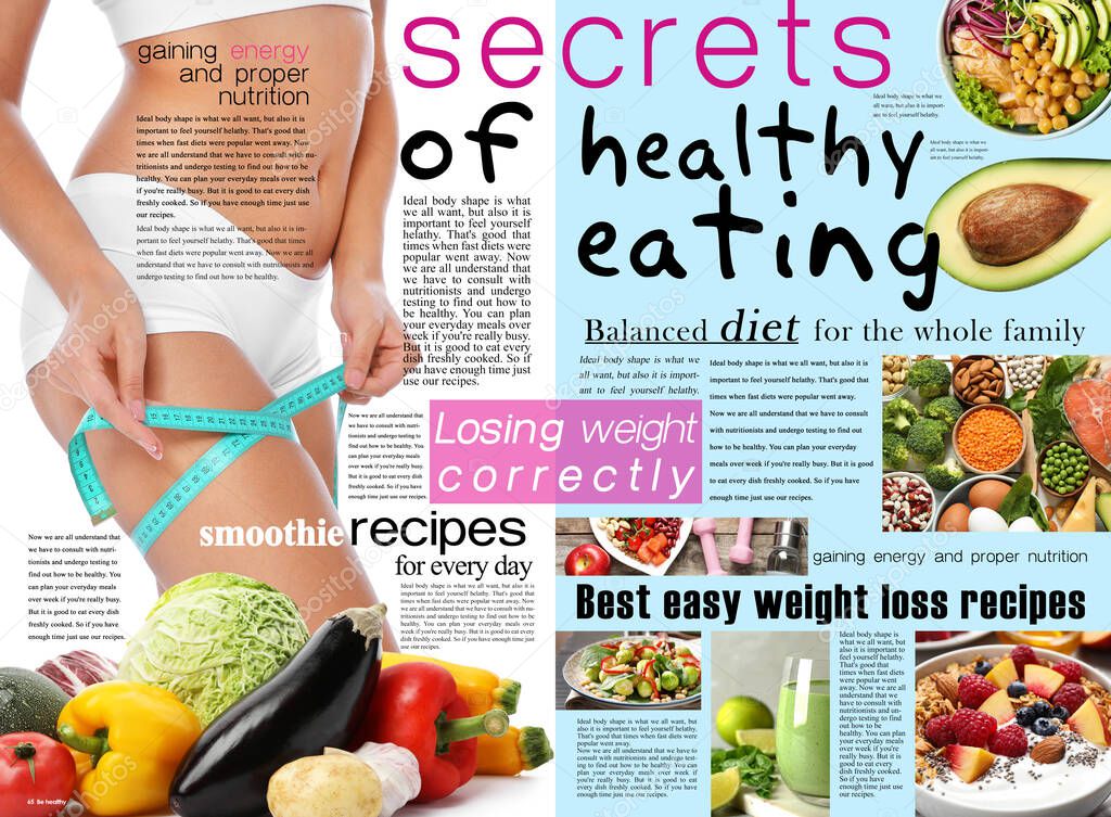 Be Healthy magazine page spread design. Articles and different images