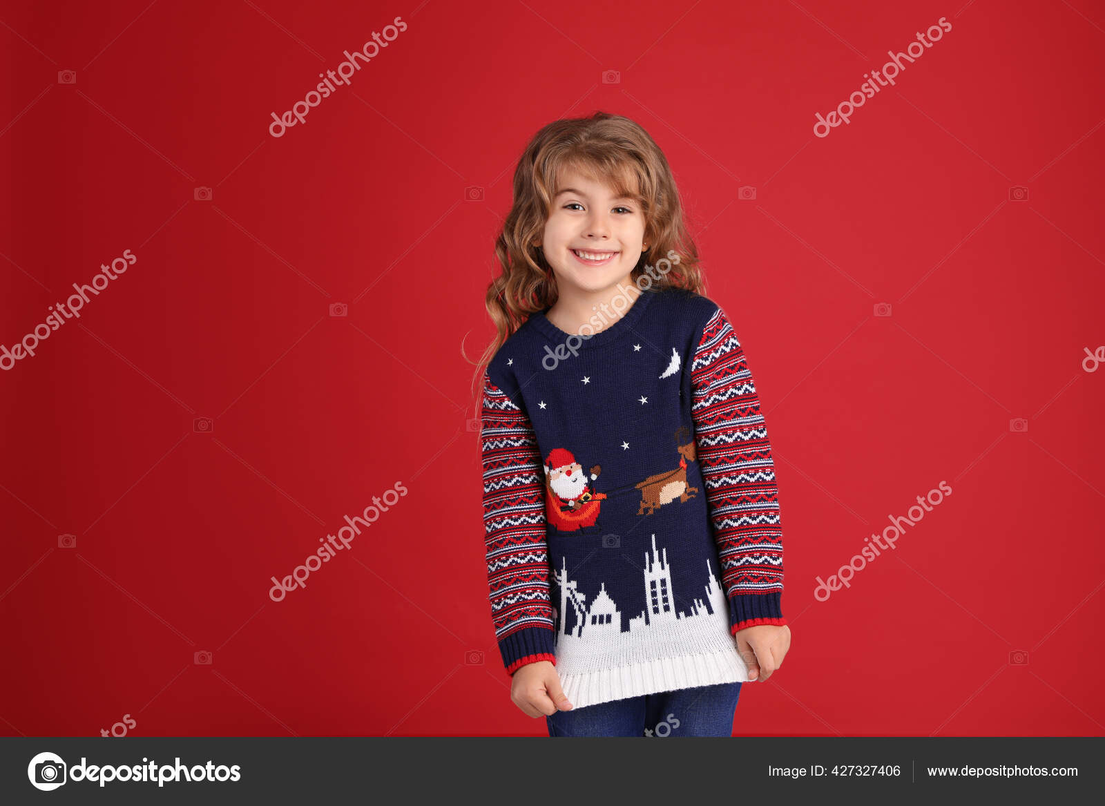 Cute Little Girl Christmas Sweater Smiling Red Background Stock Photo