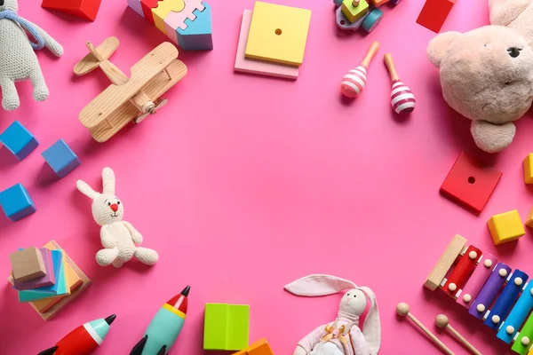 Frame Different Toys Pink Background Flat Lay Space Text — Foto Stock
