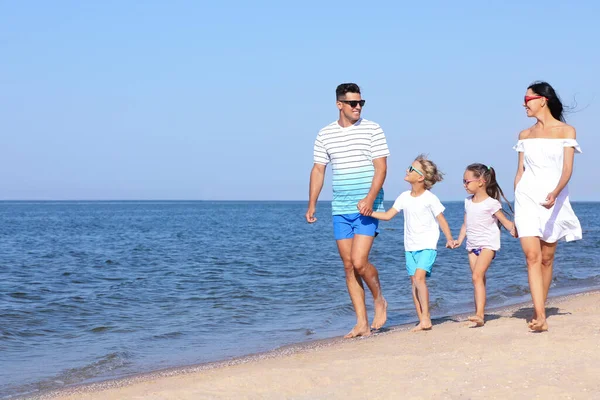 Happy Family Walking Sandy Beach Sea Space Text Summer Holidays — Stock Photo, Image