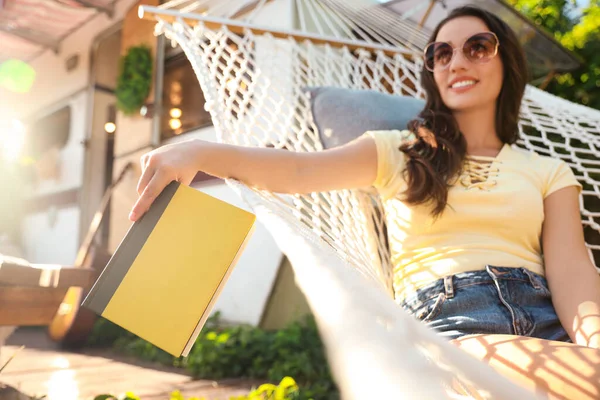 Young Woman Book Resting Hammock Motorhome Outdoors Focus Hand — Φωτογραφία Αρχείου