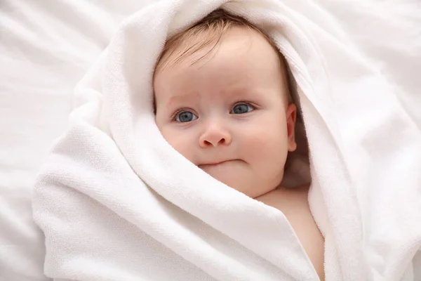 Cute Little Baby Soft Towel Lying Bed Bath Closeup — Stockfoto