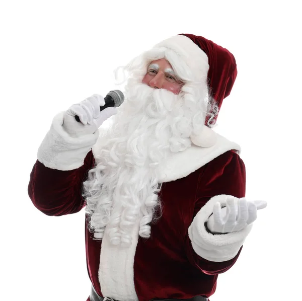 산타클로스는 배경에 마이크를 노래를 부른다 크리스마스 — 스톡 사진