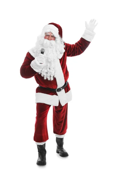 Santa Claus Singing Microphone White Background Christmas Music — Stock Photo, Image