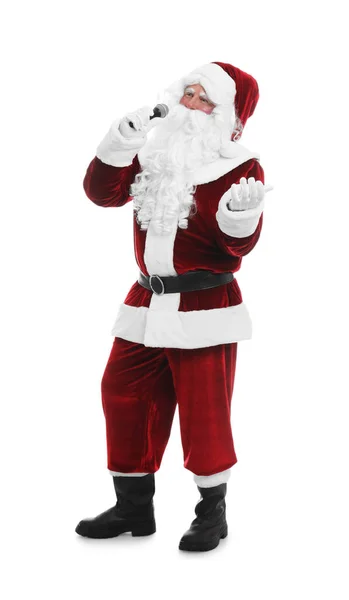 Der Weihnachtsmann Singt Mit Mikrofon Auf Weißem Hintergrund Weihnachtsmusik — Stockfoto
