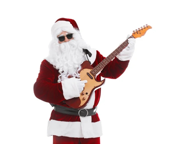Święty Mikołaj Gra Gitarze Elektrycznej Białym Tle Muzyka Świąteczna — Zdjęcie stockowe