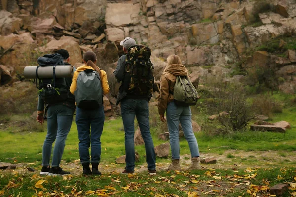 Grupp Vandrare Med Ryggsäckar Bergen Bakifrån — Stockfoto