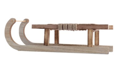 Tahta kızak beyazda izole edilmiş. Noel Tatili Dekorasyonu