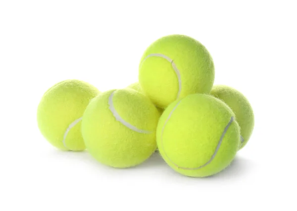 Heap Van Tennisballen Witte Achtergrond Sportuitrusting — Stockfoto