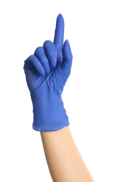 Kék Latex Kesztyű Mutatja Egyik Ujját Fehér Háttér Közelkép Kéz — Stock Fotó