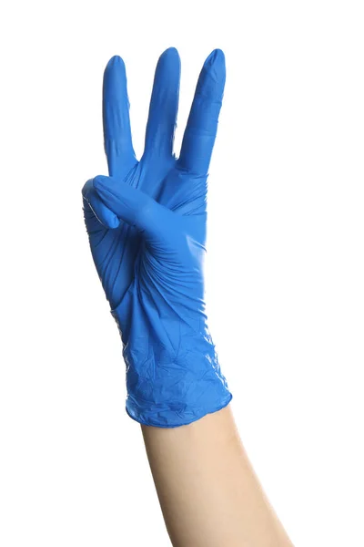 Woman Blue Latex Gloves Showing Three Fingers White Background Closeup — Stock Photo, Image